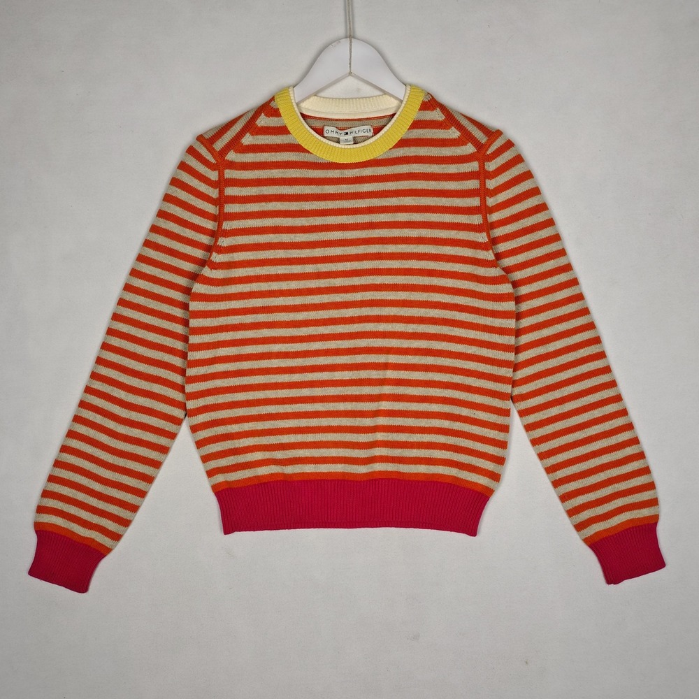 Tommy Hilfiger Striped Cotton Knit Sweater Orange Pink Crewneck Made in Japan M